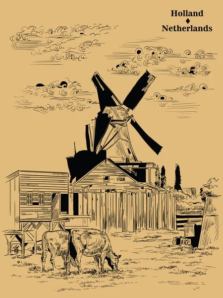 ベクター手書きのアムステルダム オランダ オランダ の図のランドマーク水車小屋 水車小屋と牛の牧草地で放牧します ベクトル ベージュ色の背景に分離された黒の色のイラストを彫刻 — ストックベクタ