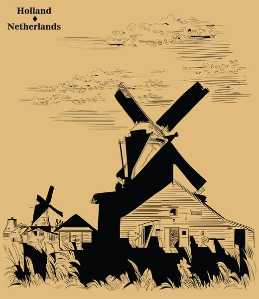 ベクター手書きのアムステルダム オランダ オランダ の図のランドマーク水車小屋 水車小屋の牧草地 ベクトル ベージュ色の背景に分離された黒の色のイラストを彫刻 — ストックベクタ