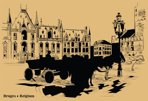 Bekijk Landmark Grote Markt Plein Middeleeuwse Stad Brugge België Paarden — Stockvector
