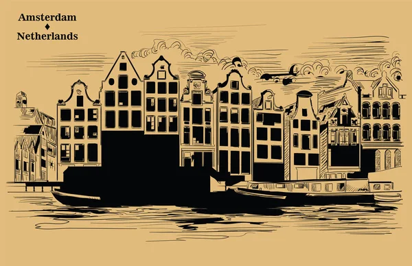 강둑에 주택입니다 암스테르담의 네덜란드입니다 네덜란드의 상징입니다 일러스트 베이지색 배경에 — 스톡 벡터