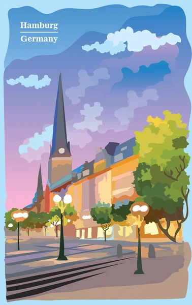 Cityscape Com Vista Para Igreja São Pedro Hauptkirche Hamburgo Alemanha —  Vetores de Stock