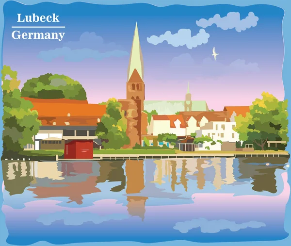 ドイツのリューベックの聖マリア教会の上を望む景観 ドイツの国際的な観光地 カラフルなベクトルの図 — ストックベクタ