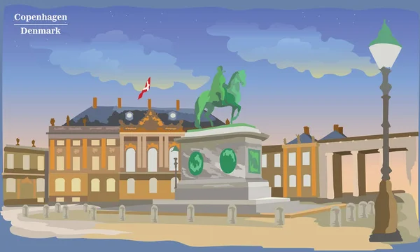 Stadsbild Med Amalienborg Square Köpenhamn Internationella Landmärke Danmark Färgglada Vektorillustration — Stock vektor