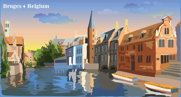 Cityscape Θέα Στην Προκυμαία Rozenhoedkaai Κανάλι Νερού Στην Bruges Στο — Διανυσματικό Αρχείο
