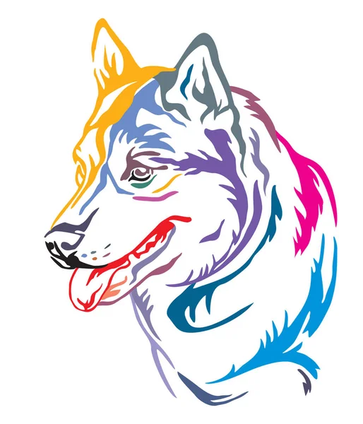 カラフルな装飾的なアウトライン プロファイル 白い背景で隔離の異なる色のベクトル図で見る犬シベリアン ハスキーの肖像画 デザインのタトゥー画像 — ストックベクタ