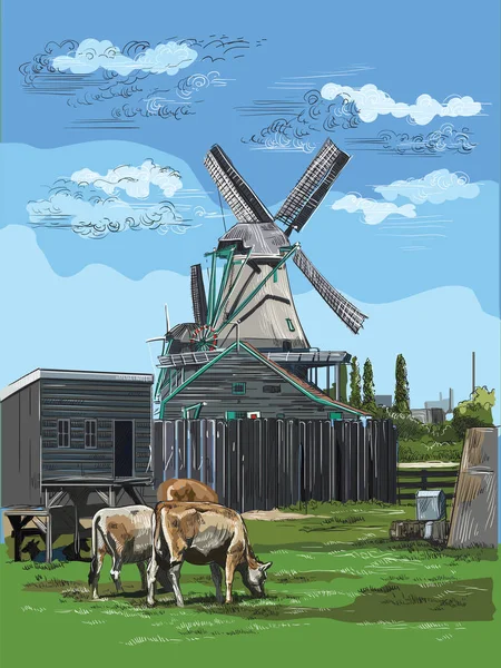 Vector Hand Tekenen Illustratie Van Watermolen Amsterdam Nederland Holland Mijlpaal — Stockvector