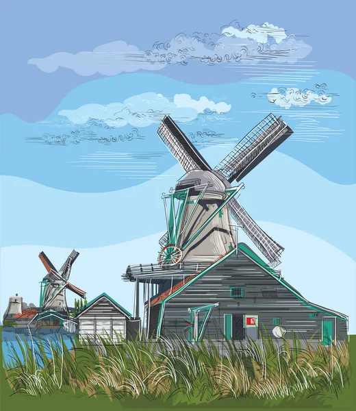 ベクトルは手のアムステルダム オランダ オランダ 水車小屋の図面の図です オランダのランドマーク 水車小屋の牧草地 カラフルなベクトルの彫刻のイラスト — ストックベクタ