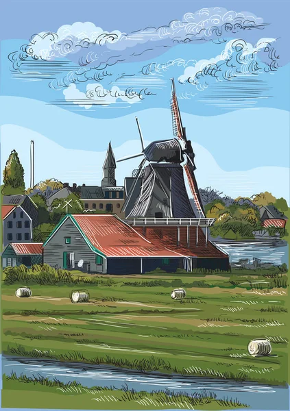 Vector Handen Ritning Illustration Vattenkvarn Amsterdam Nederländerna Holland Landmarken Holland — Stock vektor