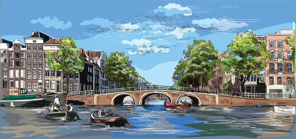 Paysage Urbain Avec Pont Sur Les Canaux Amsterdam Pays Bas — Image vectorielle