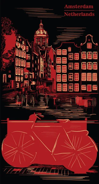 Vélo à Amsterdam, noir et rouge — Image vectorielle