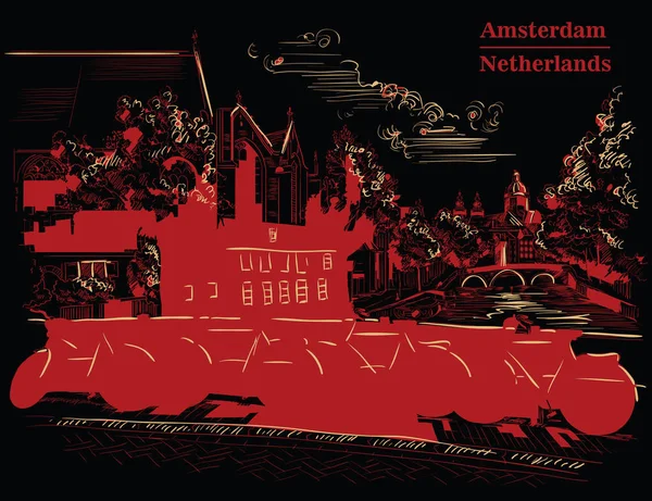 Bicicletas na ponte em Amsterdã, preto e vermelho — Vetor de Stock