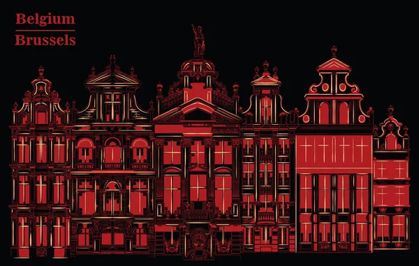 Grand Place en Bruselas, Bélgica, negro y rojo — Vector de stock