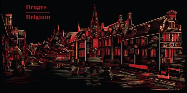 Vista sobre el canal de agua Rozenhoedkaai en Brujas, Bélgica, Europa, bl — Vector de stock