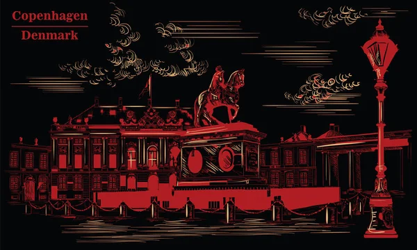 Plaza Amalienborg en Copenhague, negro y rojo — Vector de stock