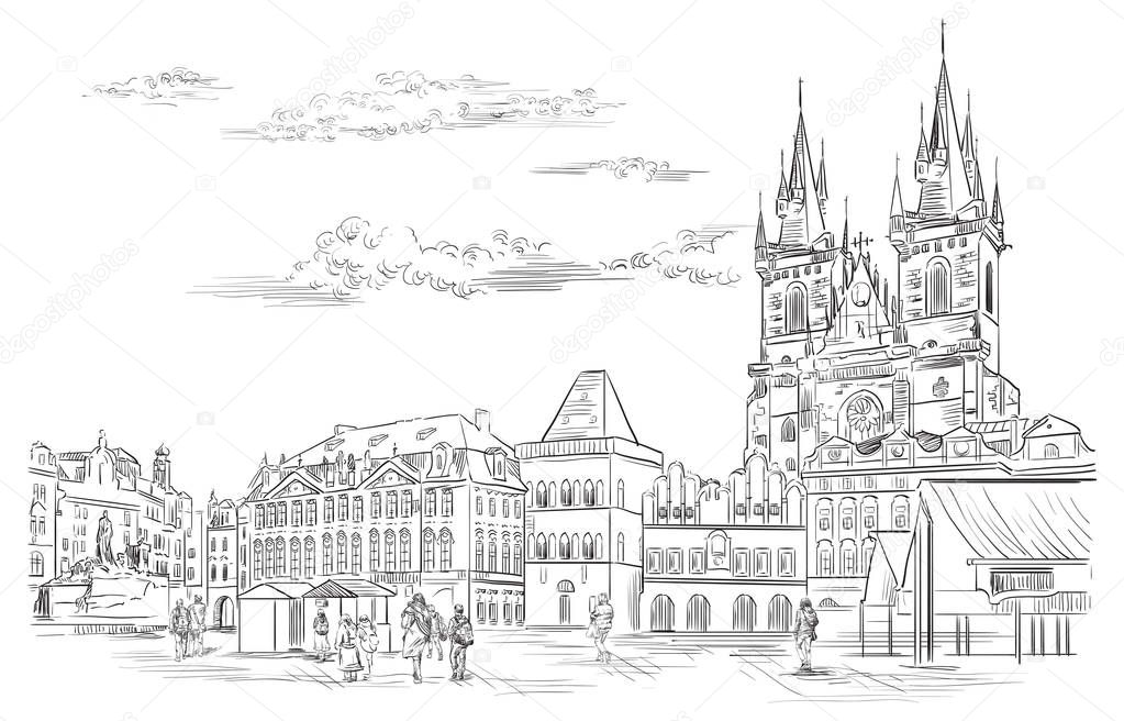 Vector hand drawing Prague 10