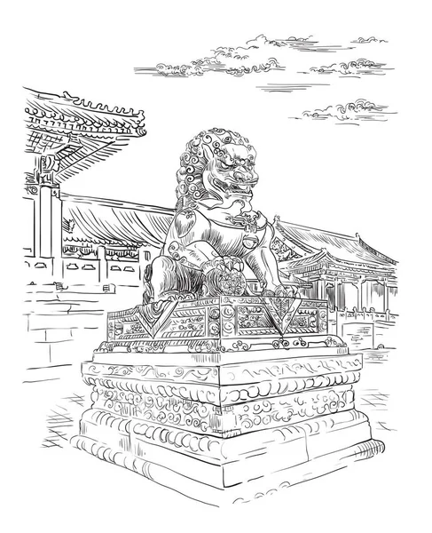 中国のランドマークの禁止都市で大きな青銅製のライオン 白地に隔離された黒い色で手描きベクトルスケッチイラスト 中国旅行のコンセプト ストックイラスト — ストックベクタ