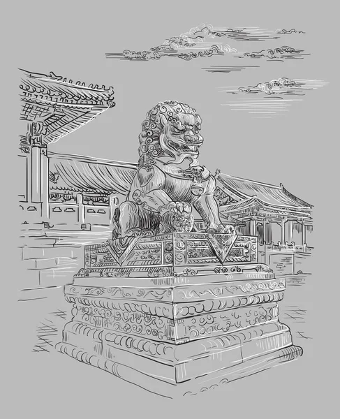 Великий Бронзовий Лев Забороненому Місті Пекін Пам Ятка Китаю Монохром — стоковий вектор