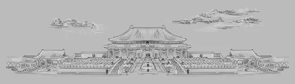 故宫建筑群位于北京市中心的紫禁城 是中国的地标 在灰色背景上以单色表示的手绘矢量草图 中国旅游理念 库存说明 — 图库矢量图片