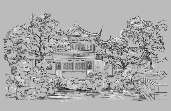 上海県 中国のランドマークのコンテンツの庭 手描きのベクトルスケッチイラストをモノクロでグレーの背景に分離 中国旅行のコンセプト — ストックベクタ