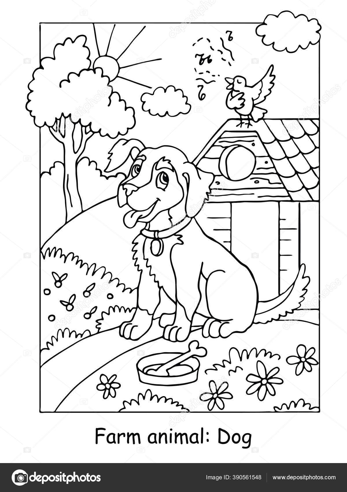 Страницы Векторной Раскраски Милой Собакой Слушающей Песню Птицы.