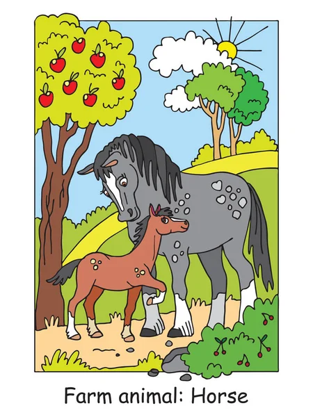 Kleurplaten Met Schattig Paard Haar Veulen Appeltuin Cartoon Vector Illustratie — Stockvector