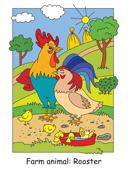 Χρωματισμός Σελίδες Ευτυχισμένο Κόκορα Κότα Και Κοτόπουλα Στο Λιβάδι Αγρόκτημα — Διανυσματικό Αρχείο
