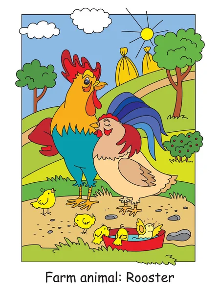 Dibujos Para Colorear Con Gallos Felices Gallinas Gallinas Prado Granja — Archivo Imágenes Vectoriales