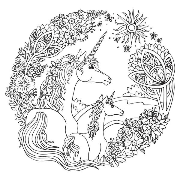 Vektor Pewarnaan Unicorn Dengan Foal Pohon Dan Bunga Dalam Lingkaran - Stok Vektor