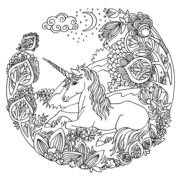 Ağaçlarda Vektör Boyama Sihirli Unicorn Daire Şeklinde Çiçekler Karmaşık Çizim — Stok Vektör