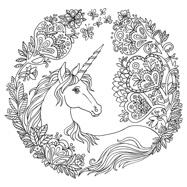 Vektor Mewarnai Keindahan Sihir Unicorn Dan Bunga Dalam Lingkaran Komposisi - Stok Vektor