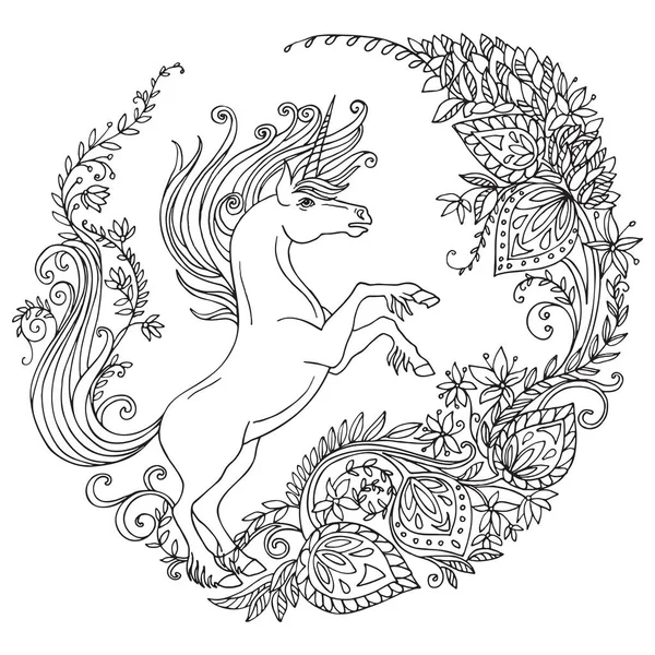 Vektor Pewarnaan Sihir Unicorn Dengan Surai Panjang Dalam Lingkaran Dekoratif - Stok Vektor