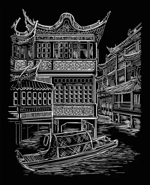 余元花园 幸福花园 上海古城 中国的地标 在黑色背景上以白色分隔的手绘矢量草图 中国旅游理念 — 图库矢量图片