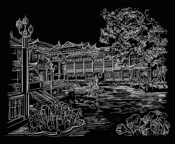 余元花园 幸福花园 上海古城 中国的地标 在黑色背景上以白色分隔的手绘矢量草图 中国旅游理念 — 图库矢量图片