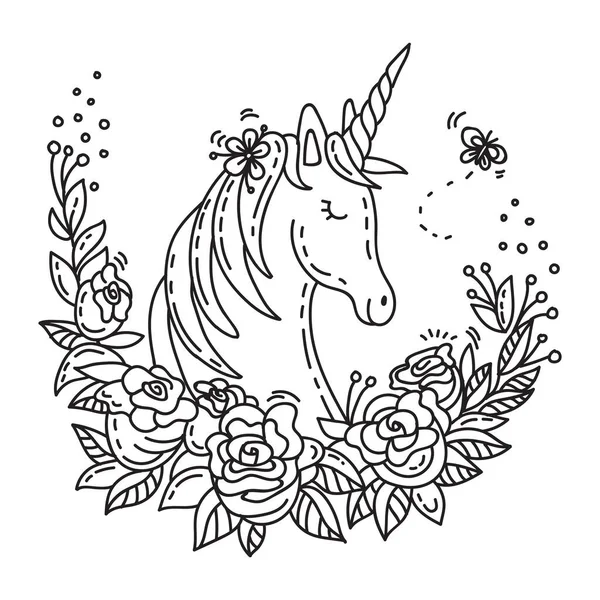 Vektor Ilustrasi Lucu Unicorn Romantis Dengan Bunga Bunga Dalam Gaya - Stok Vektor