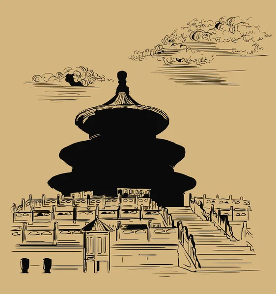 ベクトルイラスト 北京の天壇 中国のランドマーク 手描きベクトルスケッチイラストでベージュ地に隔離された黒 中国旅行コンセプト ストックイラスト — ストックベクタ