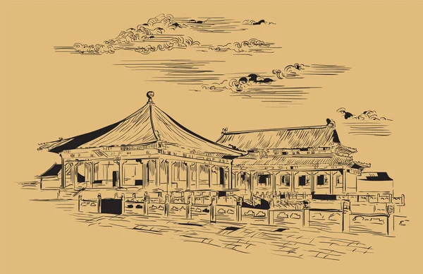 北京の紫禁城 中国のランドマーク 手描きのベクトルスケッチイラストはベージュ地に孤立したモノクローム 中国旅行のコンセプト ストックイラスト — ストックベクタ