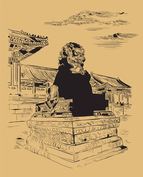 Великий Бронзовий Лев Забороненому Місті Пекін Пам Ятка Китаю Монохром — стоковий вектор