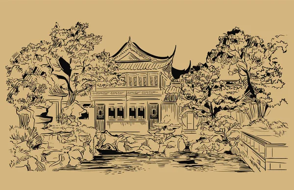 上海安居园 中国的地标 在米色背景上以单色表示的手绘矢量草图 中国旅游理念 — 图库矢量图片
