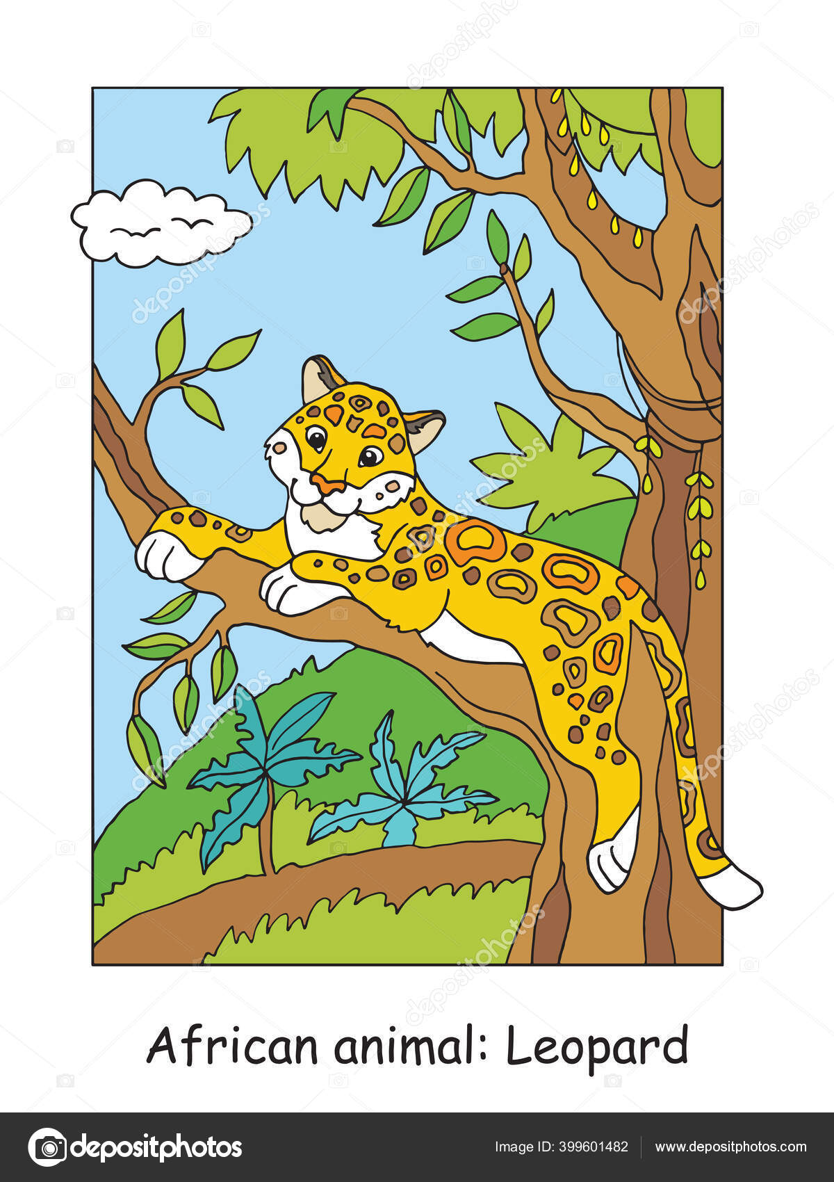 Vector coloring pages with cute leopard in african area Cartoon isolated colorful illustration Stock illustration for design coloring book