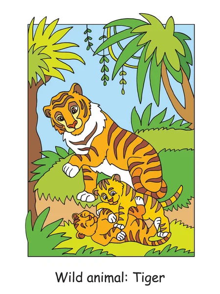 Векторные Раскраски Страниц Милым Семейством Тигров Лесу Карикатурная Отдельная Красочная — стоковый вектор