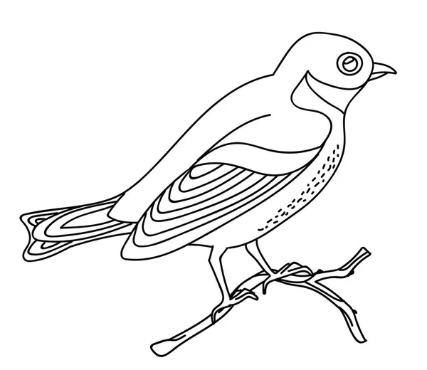Vector Line Art Monochrome Song Bird Nightingale Sitting Branch Black — Stock Vector