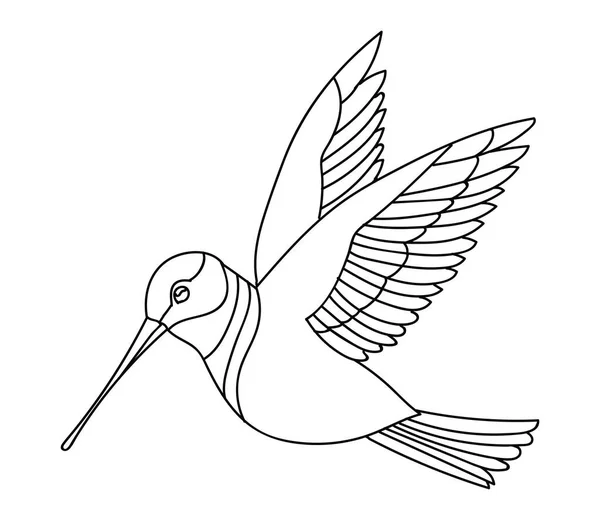 Línea Vectorial Arte Monocromo Volando Tarareando Pájaro Ilustración Contorno Negro — Vector de stock
