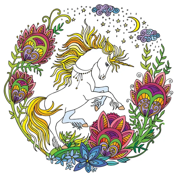 Vetor Belo Unicórnio Com Flores Composição Círculo Ilustração Ornamental Colorida — Vetor de Stock