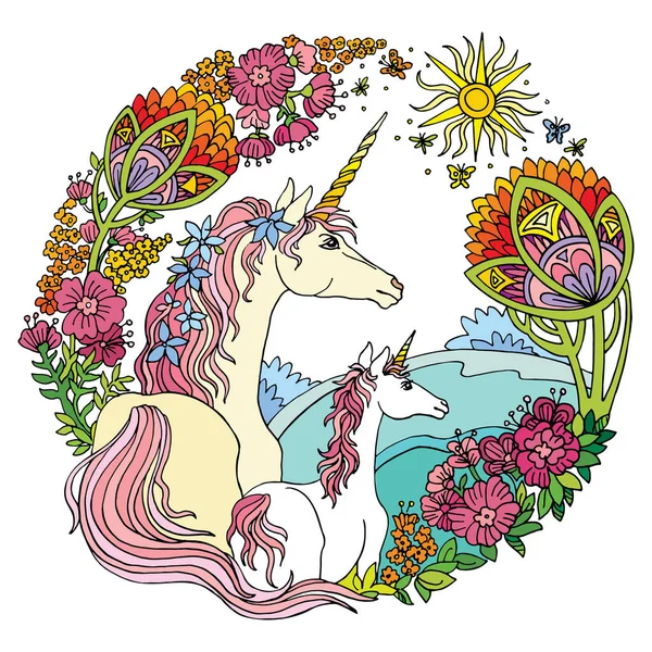 Vettore Bellissimo Unicorno Puledro Con Fiori Composizione Circolare Illustrazione Ornamentale — Vettoriale Stock