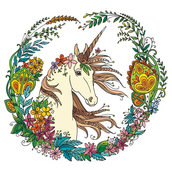Ritratto Vettoriale Unicorno Con Fiori Fantasia Composizione Circolare Disegno Colorare — Vettoriale Stock