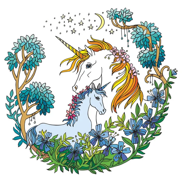 Vettore Bellissimo Unicorno Puledro Con Fiori Composizione Circolare Illustrazione Colorata — Vettoriale Stock