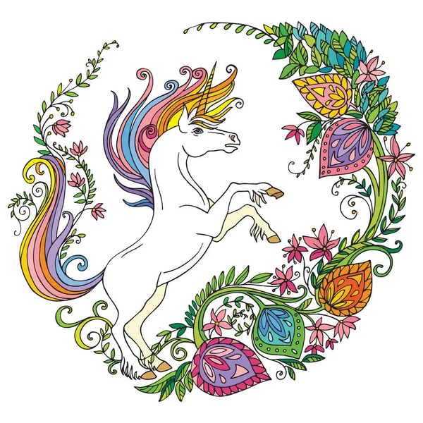 Unicorno Magico Vettoriale Con Fiori Composizione Circolare Illustrazione Ornamentale Colorata — Vettoriale Stock