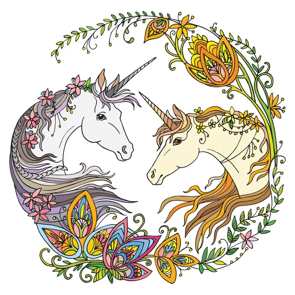 Retrato Vectorial Unicornios Con Flores Composición Circular Páginas Libros Para — Vector de stock