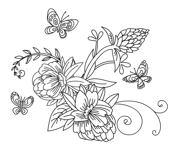 Floral Botanical Hand Drawn Line Art Decorative Flower Composition Vector — Stock Vector