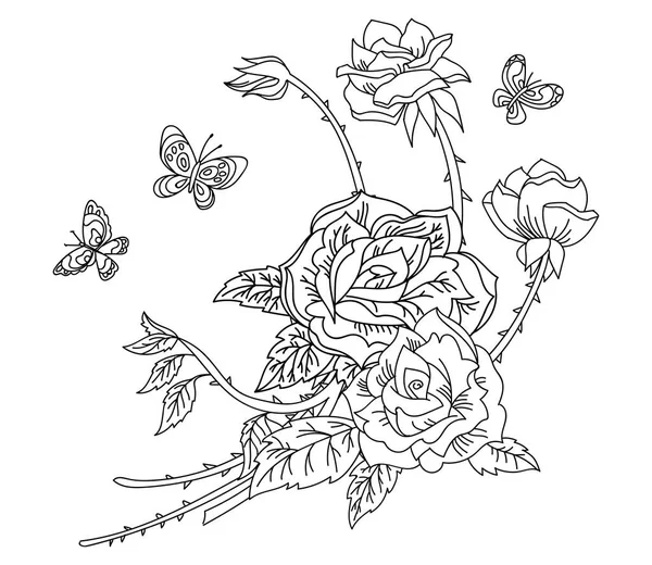 Floral Botanische Handgezeichnete Linie Kunst Rose Blume Und Schmetterling Komposition — Stockvektor